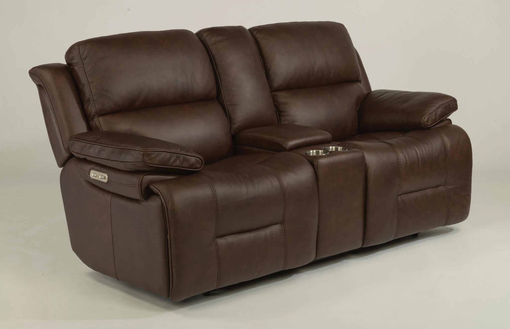 Flexsteel Latitudes Apollo Leather Power Reclining Loveseat w/Console and Power Headrests in Brown